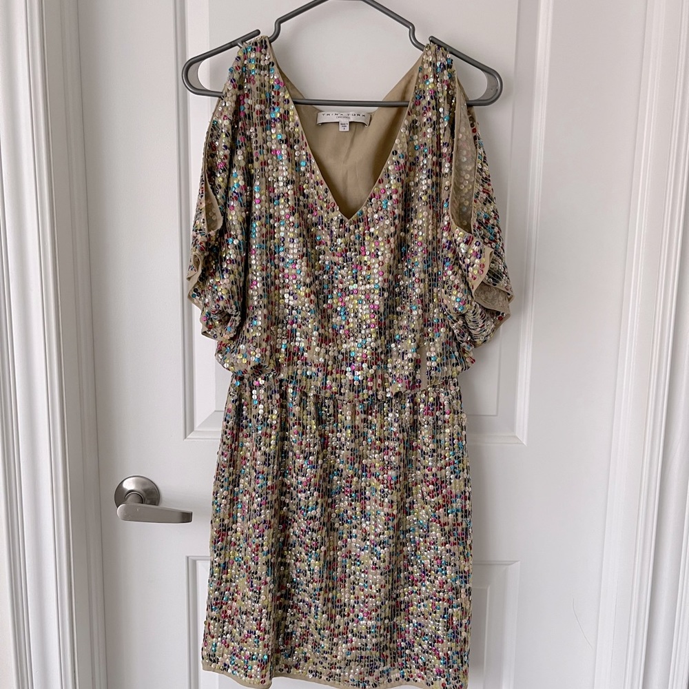 Trina Turk sequin bat wing dress! Multicoloured sequins on chiffon. Size 2